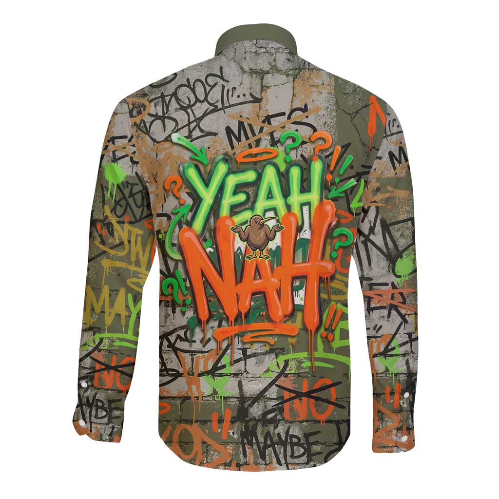 Yeah Nah Graffiti Skull New Zealand Slang Long Sleeve Button Shirt Kiwi Grunge Brick Wall and Bold Urban Street Art TS04 - Polynesian Pride