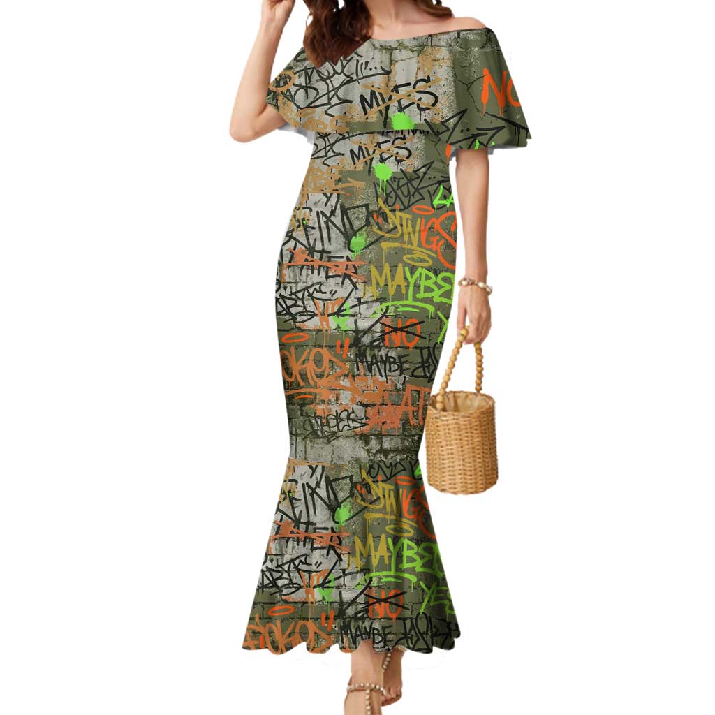 Yeah Nah Graffiti Skull New Zealand Slang Mermaid Dress Kiwi Grunge Brick Wall and Bold Urban Street Art TS04 Women Multicolor - Polynesian Pride