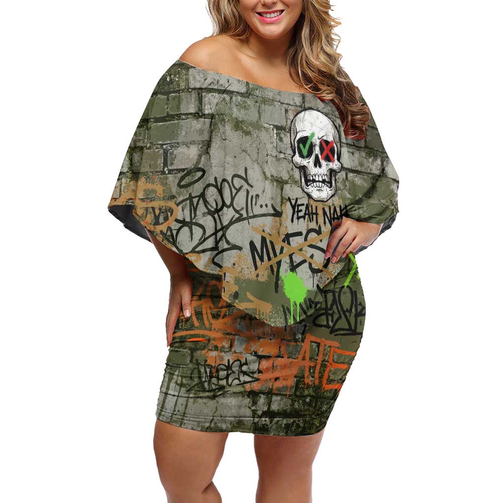 Yeah Nah Graffiti Skull New Zealand Slang Off Shoulder Short Dress Kiwi Grunge Brick Wall and Bold Urban Street Art