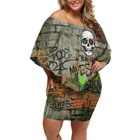 Yeah Nah Graffiti Skull New Zealand Slang Off Shoulder Short Dress Kiwi Grunge Brick Wall and Bold Urban Street Art TS04 Women Multicolor - Polynesian Pride