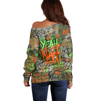 Yeah Nah Graffiti Skull New Zealand Slang Off Shoulder Sweater Kiwi Grunge Brick Wall and Bold Urban Street Art