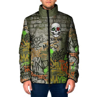 Yeah Nah Graffiti Skull New Zealand Slang Padded Jacket Kiwi Grunge Brick Wall and Bold Urban Street Art
