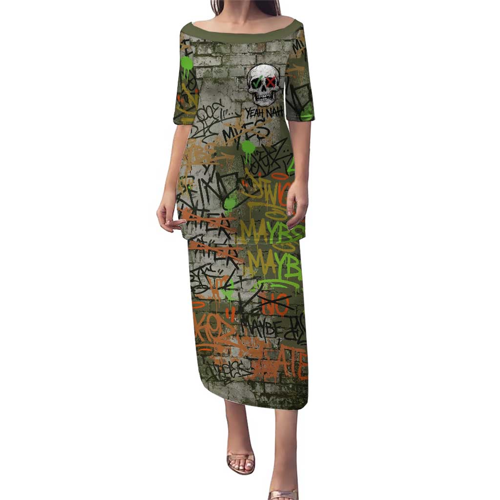 Yeah Nah Graffiti Skull New Zealand Slang Puletasi Kiwi Grunge Brick Wall and Bold Urban Street Art TS04 Long Dress Multicolor - Polynesian Pride