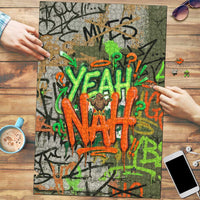 Yeah Nah Graffiti Skull New Zealand Slang Puzzle Kiwi Grunge Brick Wall and Bold Urban Street Art