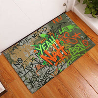 Yeah Nah Graffiti Skull New Zealand Slang Rubber Doormat Kiwi Grunge Brick Wall and Bold Urban Street Art