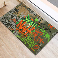 Yeah Nah Graffiti Skull New Zealand Slang Rubber Doormat Kiwi Grunge Brick Wall and Bold Urban Street Art
