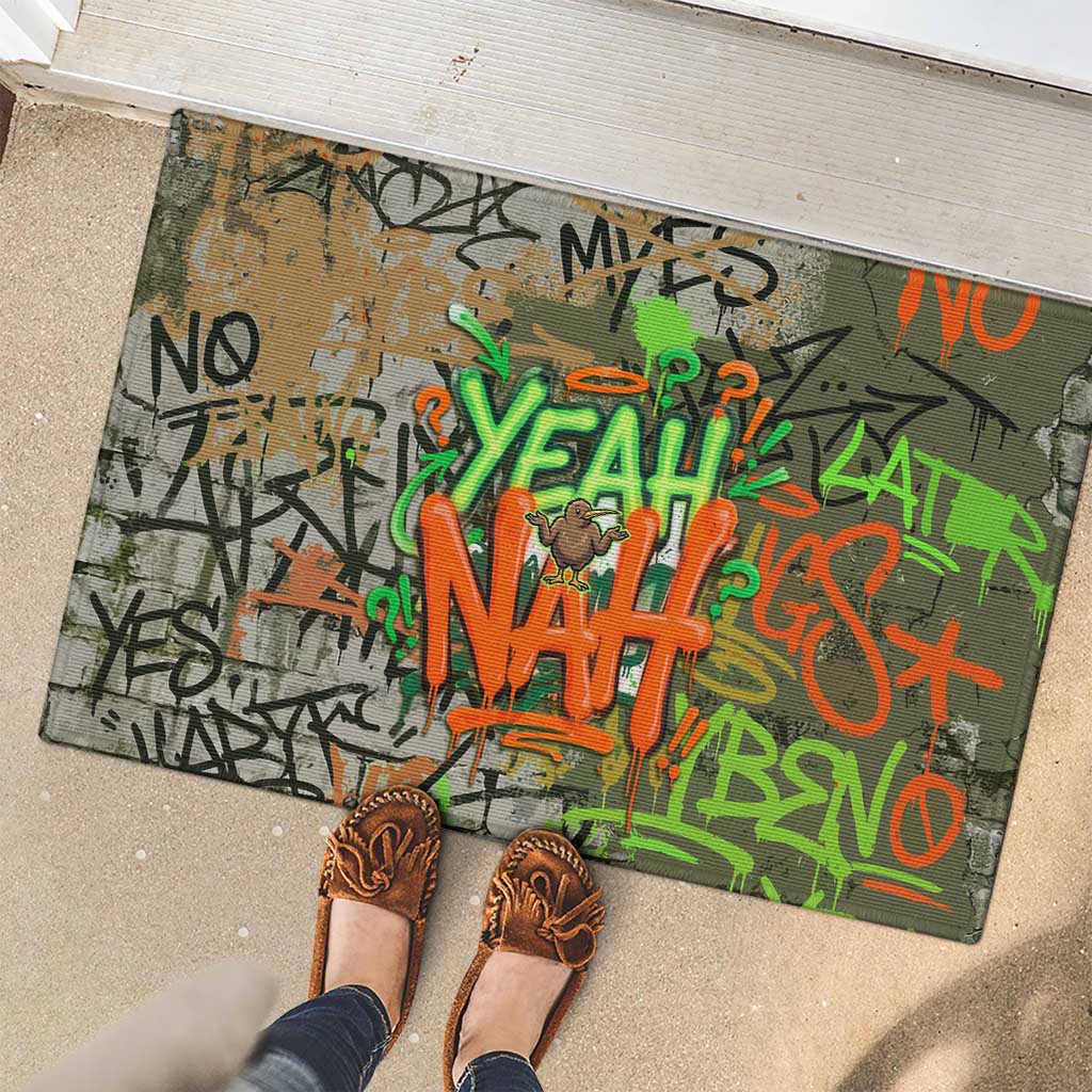 Yeah Nah Graffiti Skull New Zealand Slang Rubber Doormat Kiwi Grunge Brick Wall and Bold Urban Street Art