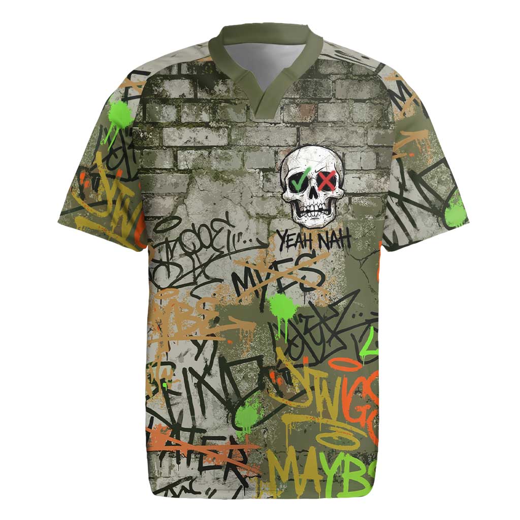 Yeah Nah Graffiti Skull New Zealand Slang Rugby Jersey Kiwi Grunge Brick Wall and Bold Urban Street Art