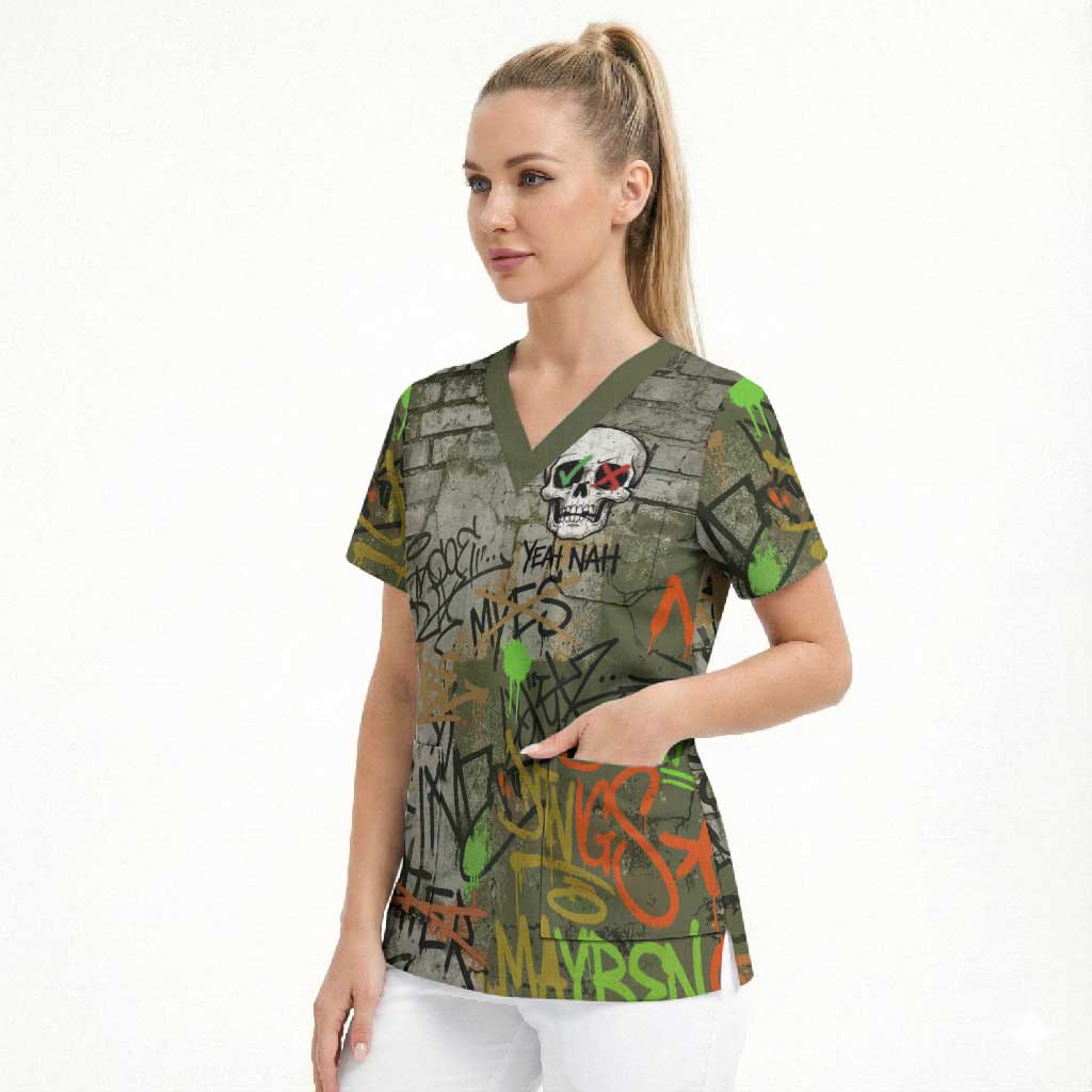 Yeah Nah Graffiti Skull New Zealand Slang Scrub Top Kiwi Grunge Brick Wall and Bold Urban Street Art