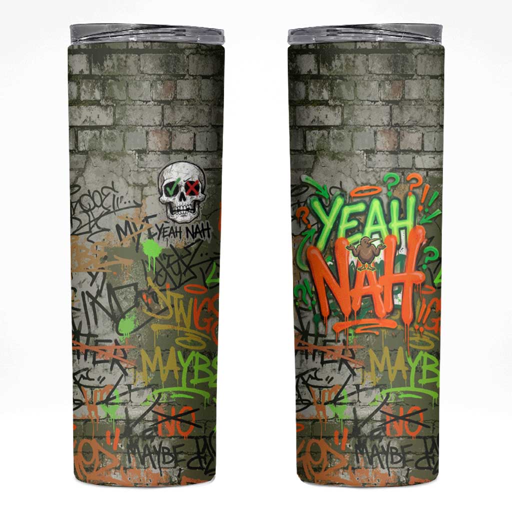 Yeah Nah Graffiti Skull New Zealand Slang Skinny Tumbler Kiwi Grunge Brick Wall and Bold Urban Street Art
