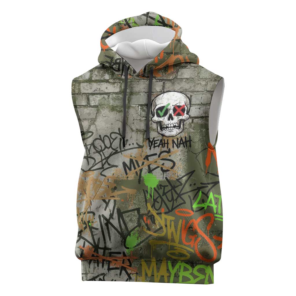 Yeah Nah Graffiti Skull New Zealand Slang Sleeveless Hoodie Kiwi Grunge Brick Wall and Bold Urban Street Art TS04 Multicolor - Polynesian Pride