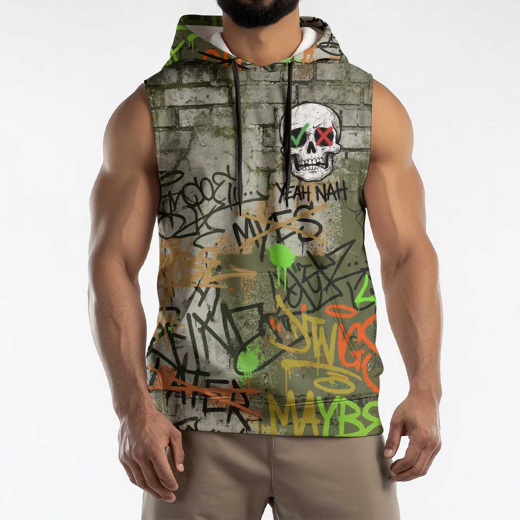 Yeah Nah Graffiti Skull New Zealand Slang Sleeveless Hoodie Kiwi Grunge Brick Wall and Bold Urban Street Art TS04 - Polynesian Pride