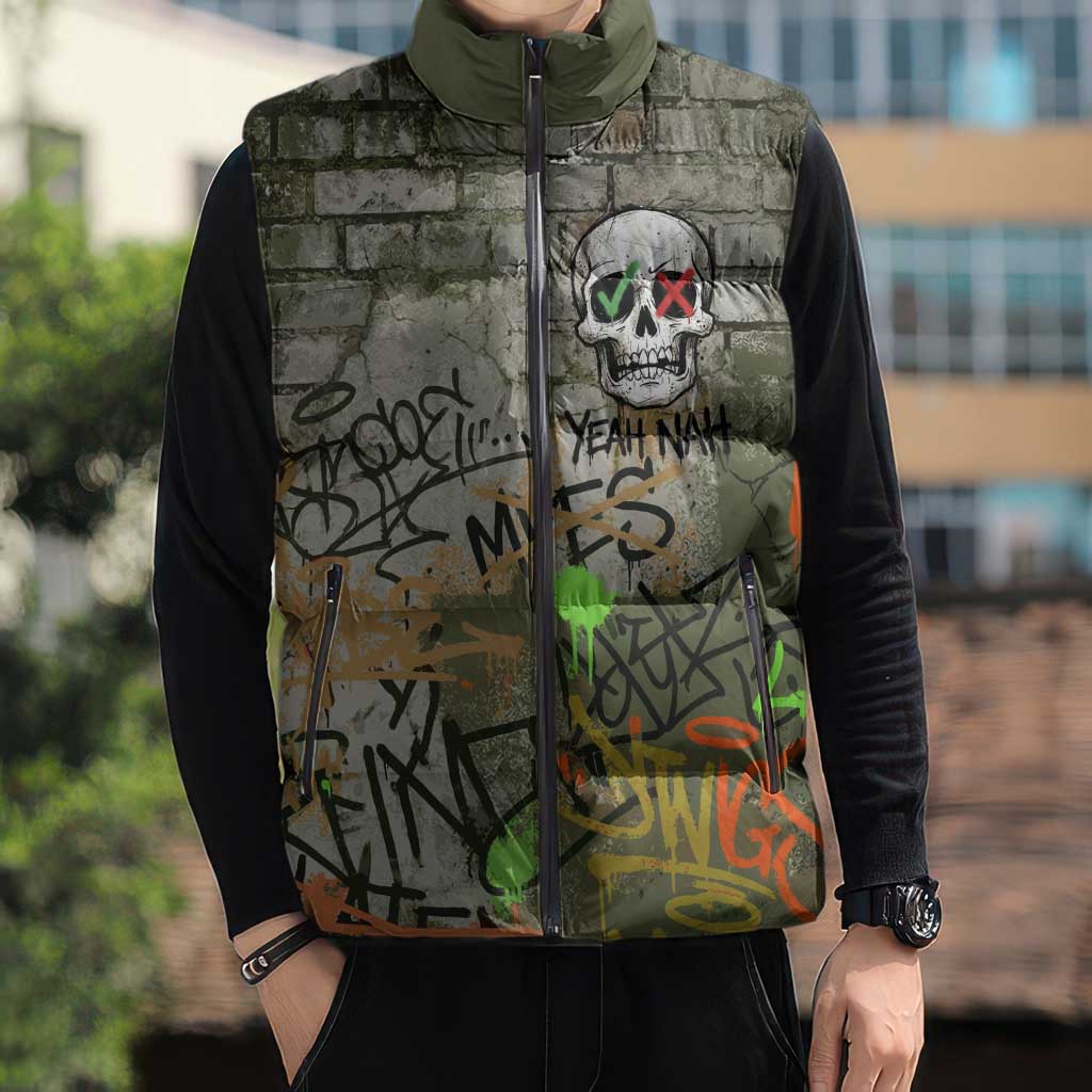 Yeah Nah Graffiti Skull New Zealand Slang Sleeveless Puffer Jacket Kiwi Grunge Brick Wall and Bold Urban Street Art