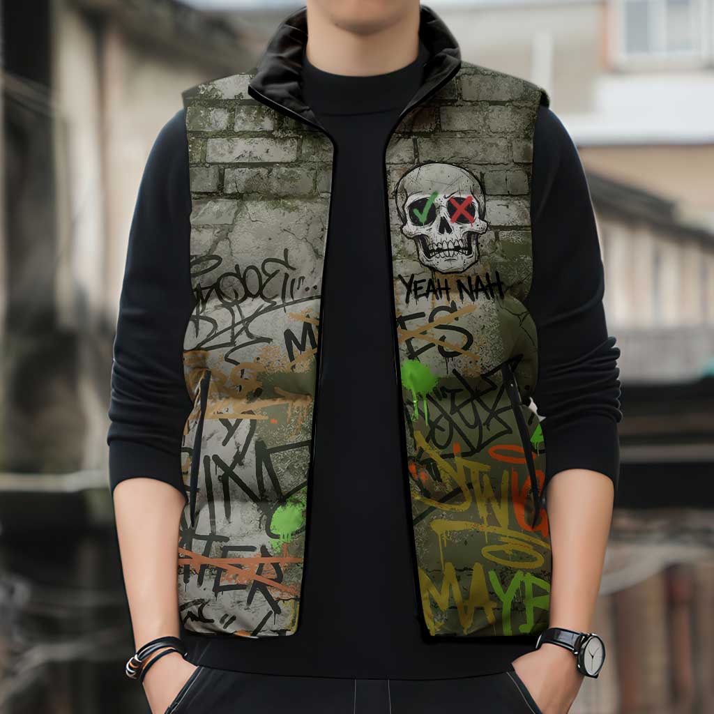 Yeah Nah Graffiti Skull New Zealand Slang Sleeveless Puffer Jacket Kiwi Grunge Brick Wall and Bold Urban Street Art
