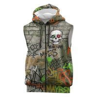 Yeah Nah Graffiti Skull New Zealand Slang Sleeveless Zip Hoodie Kiwi Grunge Brick Wall and Bold Urban Street Art TS04 Multicolor - Polynesian Pride