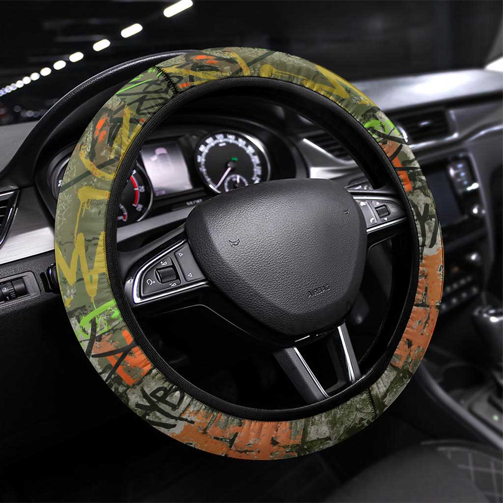 Yeah Nah Graffiti Skull New Zealand Slang Steering Wheel Cover Kiwi Grunge Brick Wall and Bold Urban Street Art