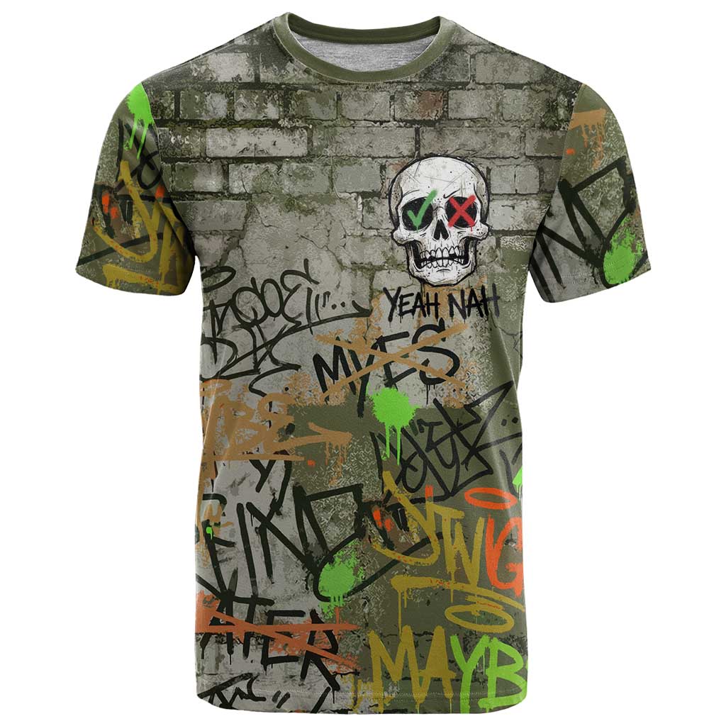 Yeah Nah Graffiti Skull New Zealand Slang T Shirt Kiwi Grunge Brick Wall and Bold Urban Street Art TS04 Multicolor - Polynesian Pride