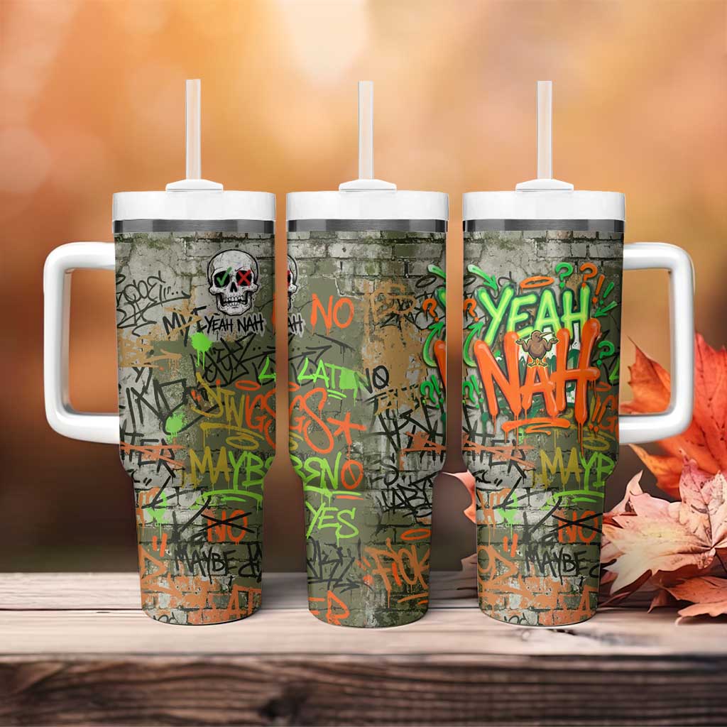Yeah Nah Graffiti Skull New Zealand Slang Tumbler With Handle Kiwi Grunge Brick Wall and Bold Urban Street Art TS04 - Polynesian Pride