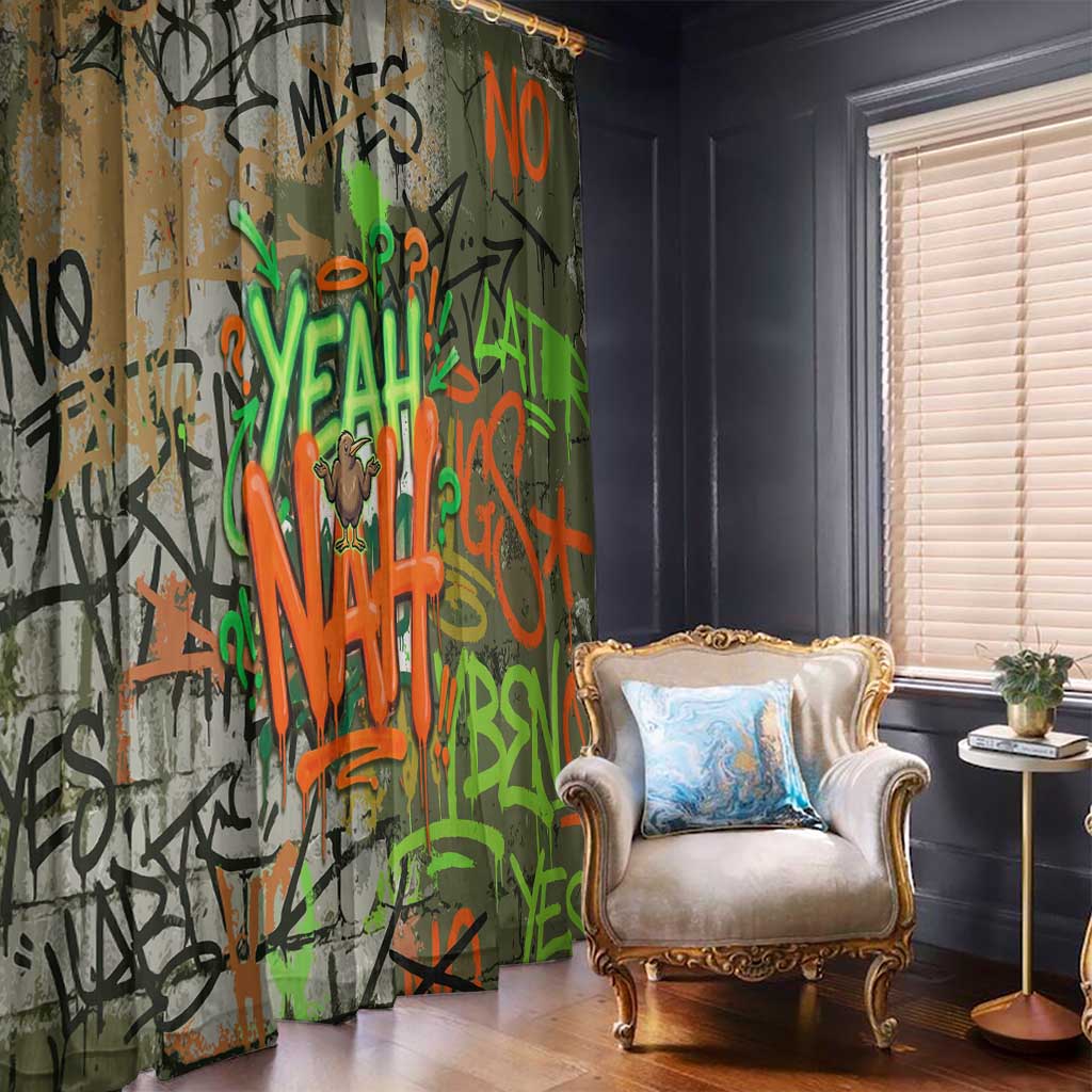 Yeah Nah Graffiti Skull New Zealand Slang Window Curtain Kiwi Grunge Brick Wall and Bold Urban Street Art