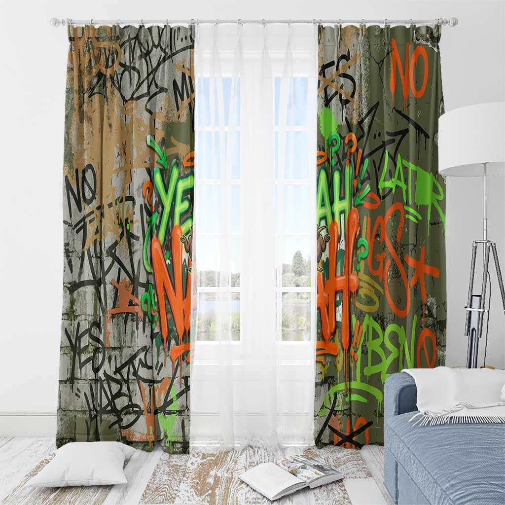 Yeah Nah Graffiti Skull New Zealand Slang Window Curtain Kiwi Grunge Brick Wall and Bold Urban Street Art