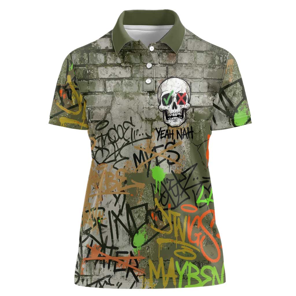 Yeah Nah Graffiti Skull New Zealand Slang Women Polo Shirt Kiwi Grunge Brick Wall and Bold Urban Street Art TS04 Female Multicolor - Polynesian Pride