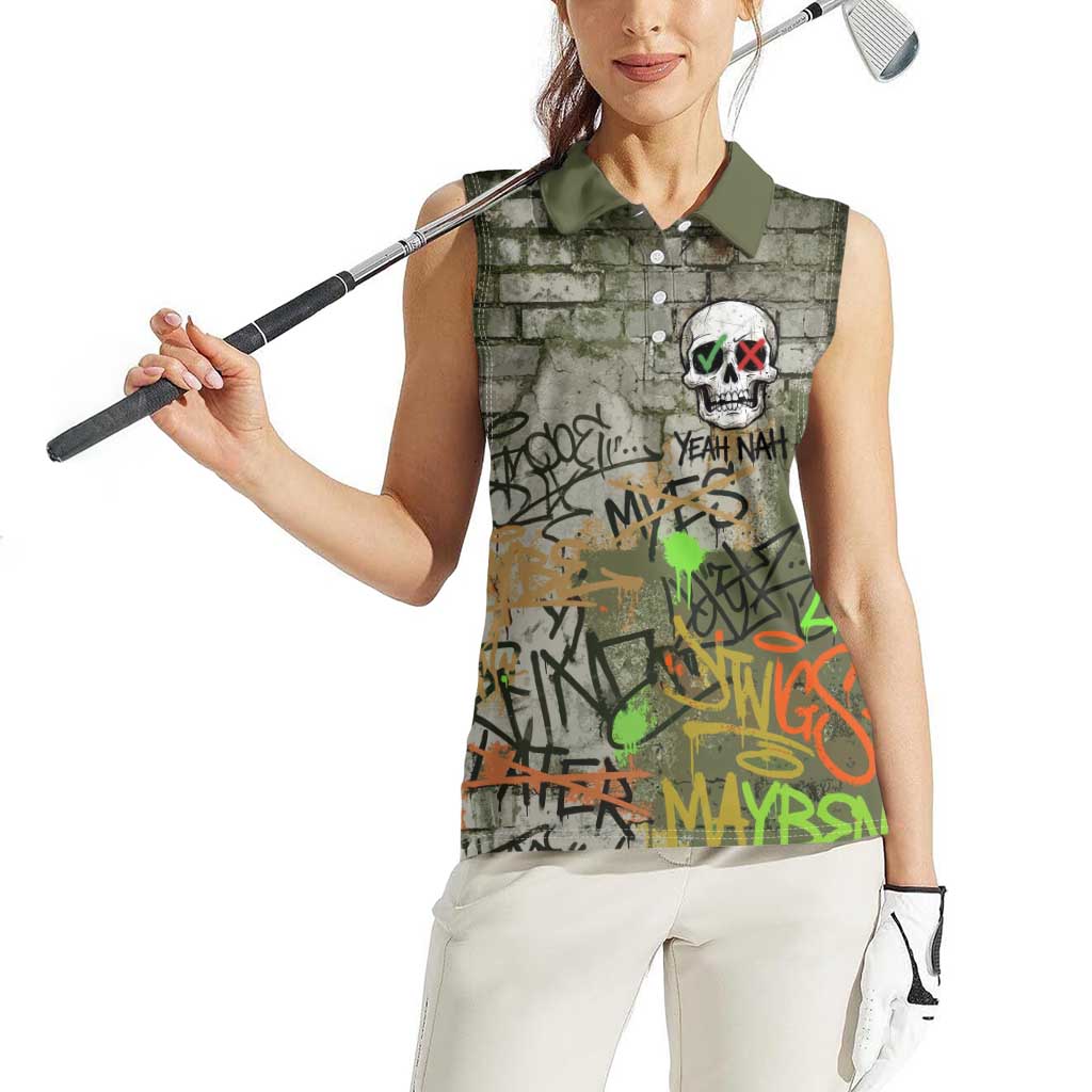 Yeah Nah Graffiti Skull New Zealand Slang Women Sleeveless Polo Shirt Kiwi Grunge Brick Wall and Bold Urban Street Art TS04 - Polynesian Pride