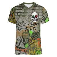 Yeah Nah Graffiti Skull New Zealand Slang Women V-Neck T-Shirt Kiwi Grunge Brick Wall and Bold Urban Street Art TS04 Female Multicolor - Polynesian Pride