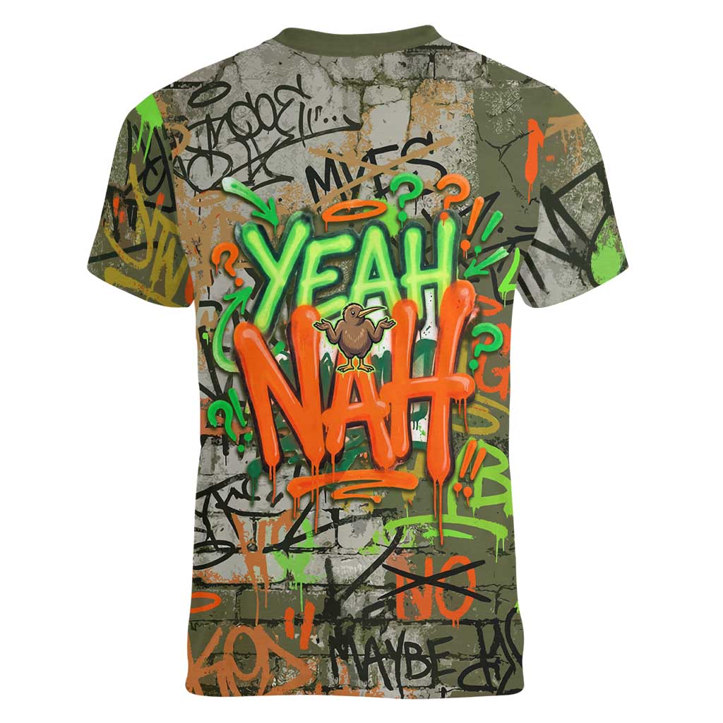 Yeah Nah Graffiti Skull New Zealand Slang Women V-Neck T-Shirt Kiwi Grunge Brick Wall and Bold Urban Street Art TS04 - Polynesian Pride