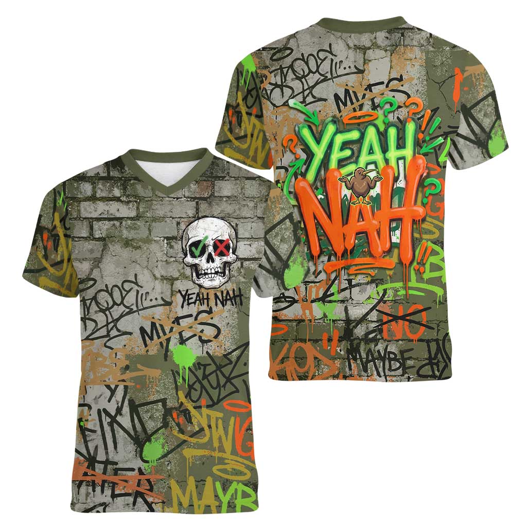 Yeah Nah Graffiti Skull New Zealand Slang Women V-Neck T-Shirt Kiwi Grunge Brick Wall and Bold Urban Street Art TS04 - Polynesian Pride