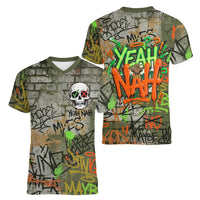 Yeah Nah Graffiti Skull New Zealand Slang Women V-Neck T-Shirt Kiwi Grunge Brick Wall and Bold Urban Street Art TS04 - Polynesian Pride