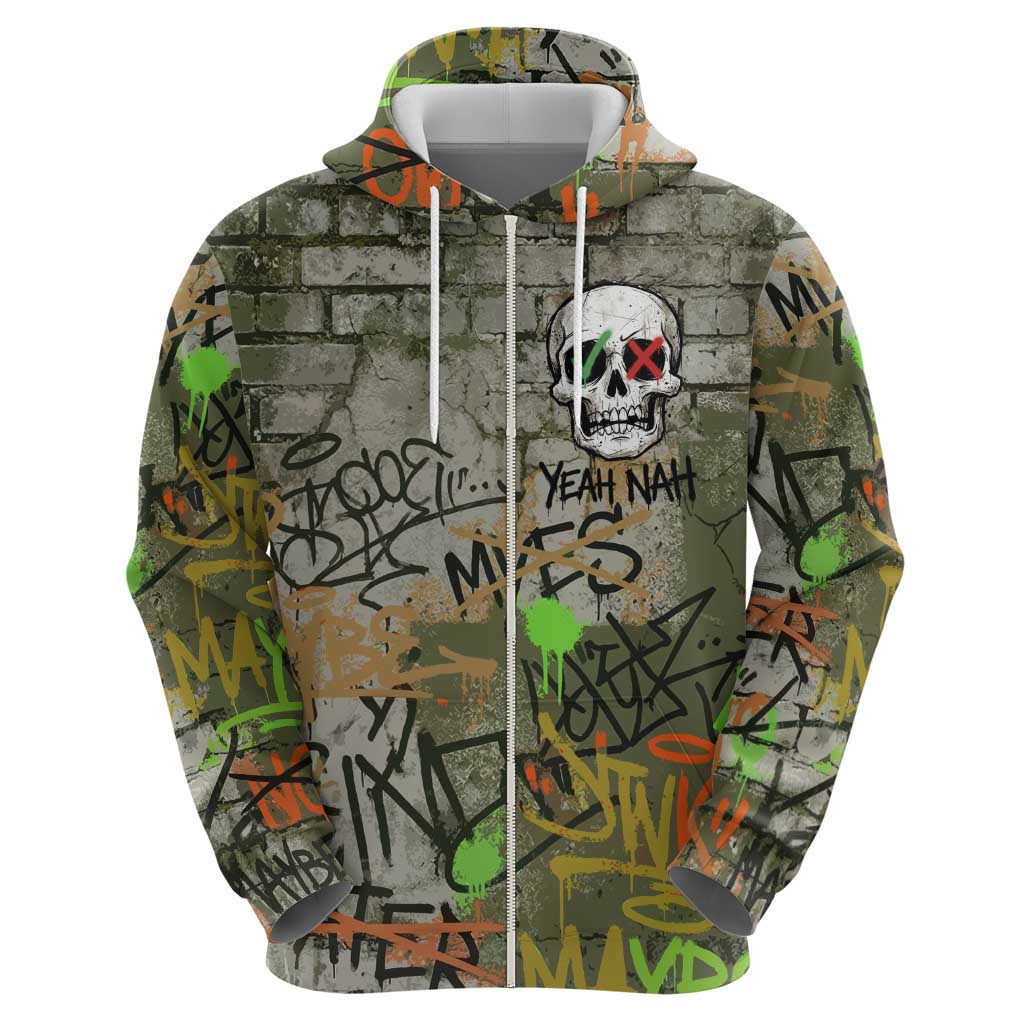 Yeah Nah Graffiti Skull New Zealand Slang Zip Hoodie Kiwi Grunge Brick Wall and Bold Urban Street Art TS04 - Polynesian Pride