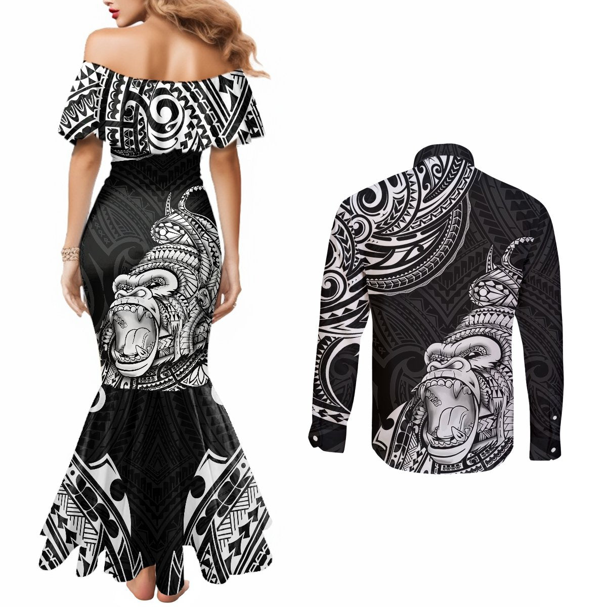 Hawaii Polynesian Couples Matching Mermaid Dress and Long Sleeve Button Shirts Gorila Tatoo Polynesian Style TS04 - Polynesian Pride