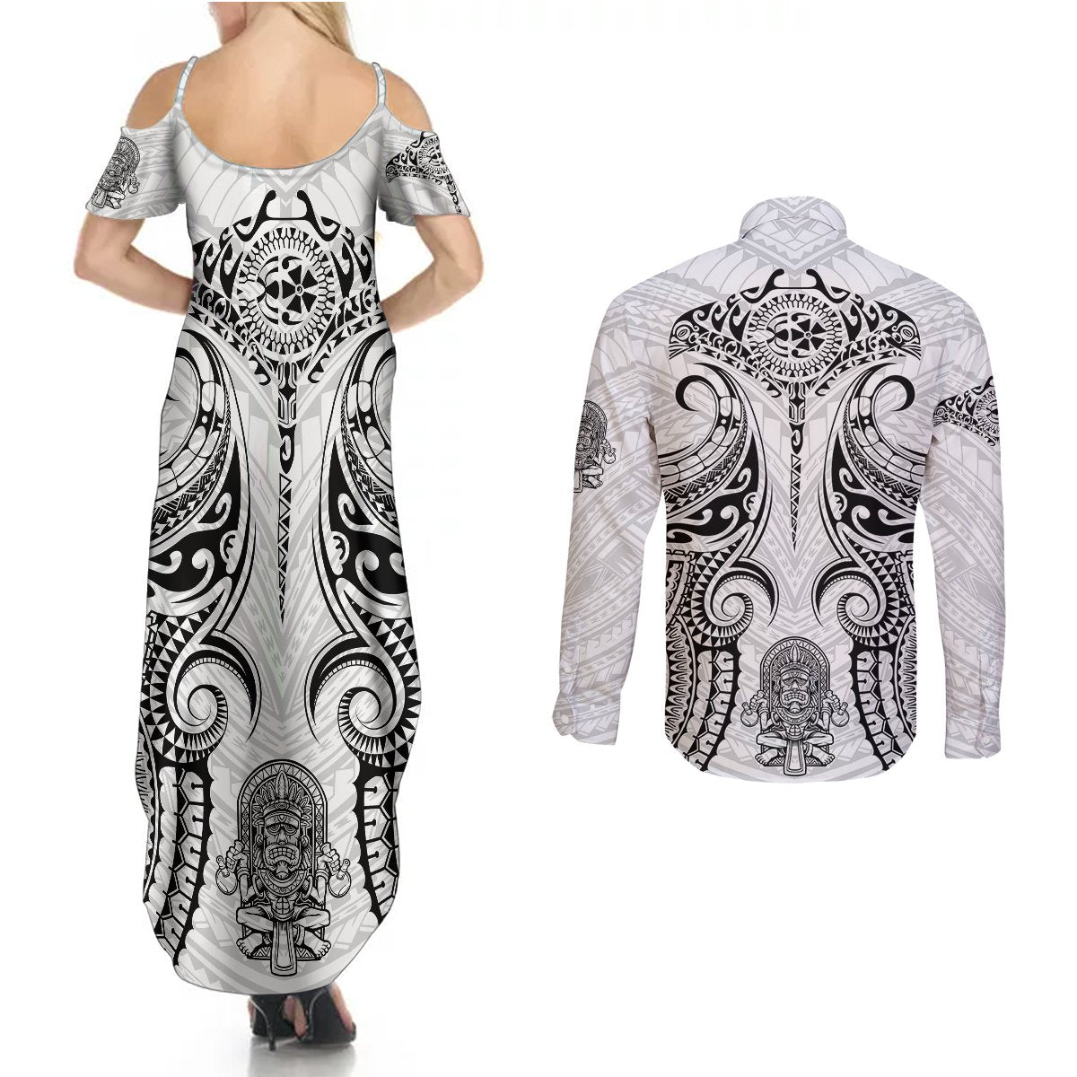 Hawaii Polynesian Couples Matching Summer Maxi Dress and Long Sleeve Button Shirts Warrior symbol TS04 - Polynesian Pride