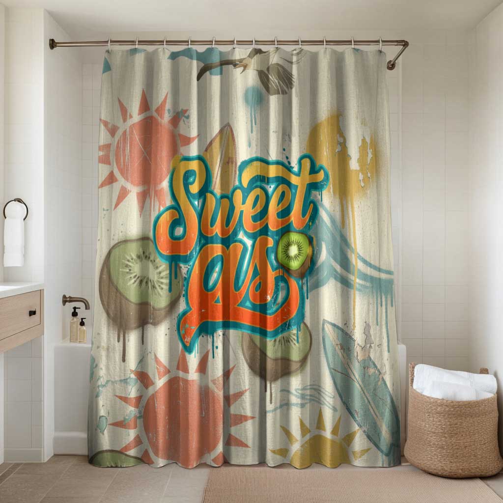 NZ Slang Sweet As Kiwi Shaka Sign Bathroom Set New Zealand Surfboards Sun and Tropical Beach Retro TS04 Shower Curtain Only Beige - Polynesian Pride