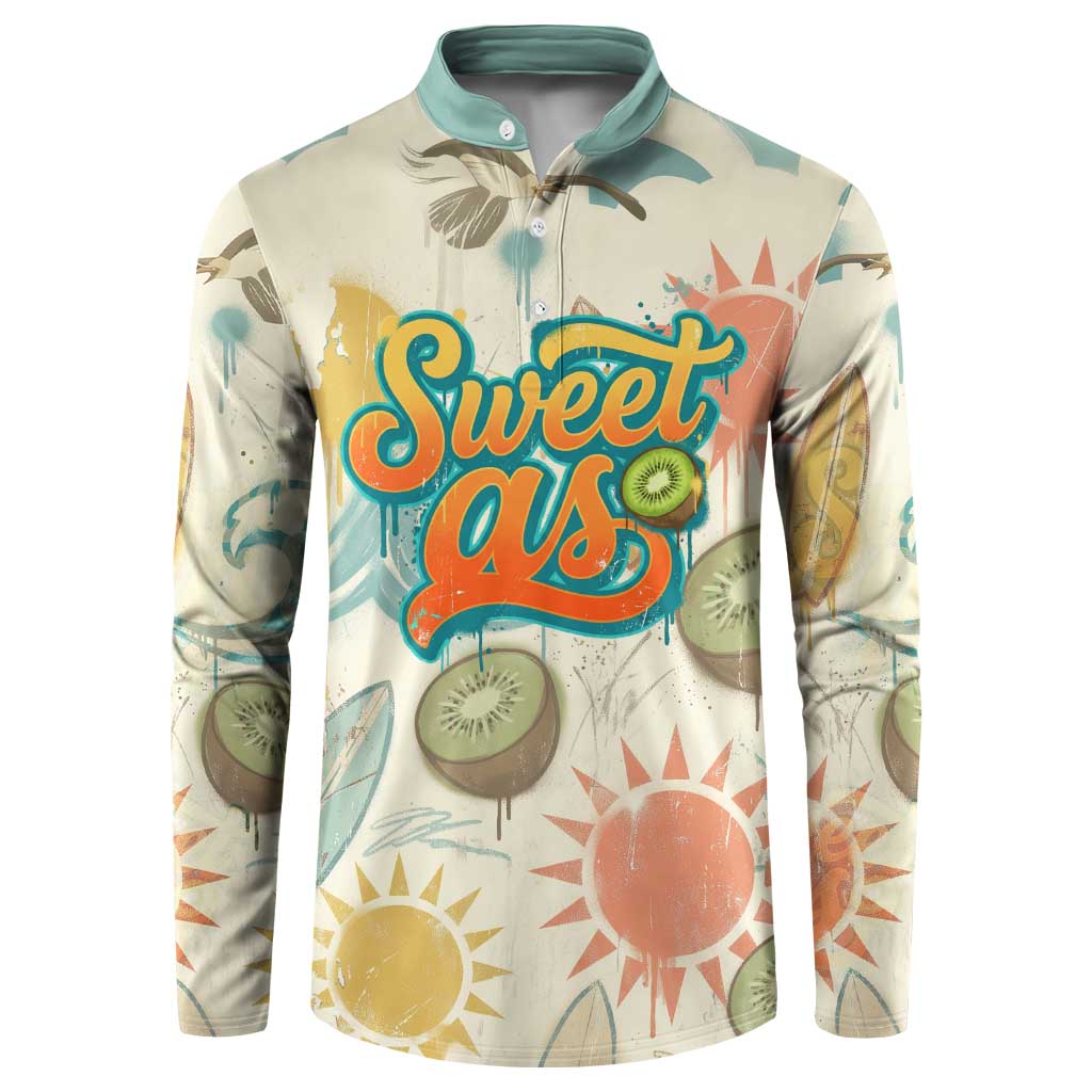 NZ Slang Sweet As Kiwi Shaka Sign Button Sweatshirt New Zealand Surfboards Sun and Tropical Beach Retro
