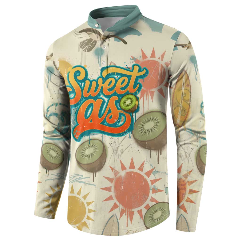 NZ Slang Sweet As Kiwi Shaka Sign Button Sweatshirt New Zealand Surfboards Sun and Tropical Beach Retro