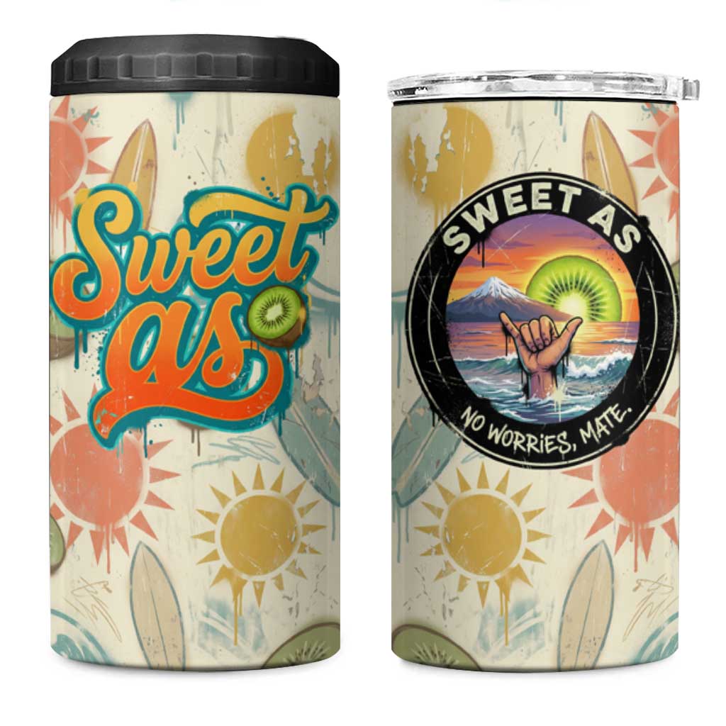 NZ Slang Sweet As Kiwi Shaka Sign 4 in 1 Can Cooler Tumbler New Zealand Surfboards Sun and Tropical Beach Retro