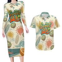 NZ Slang Sweet As Kiwi Shaka Sign Couples Matching Long Sleeve Bodycon Dress and Hawaiian Shirt New Zealand Surfboards Sun and Tropical Beach Retro TS04 Beige - Polynesian Pride