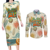 NZ Slang Sweet As Kiwi Shaka Sign Couples Matching Long Sleeve Bodycon Dress and Long Sleeve Button Shirt New Zealand Surfboards Sun and Tropical Beach Retro TS04 Beige - Polynesian Pride