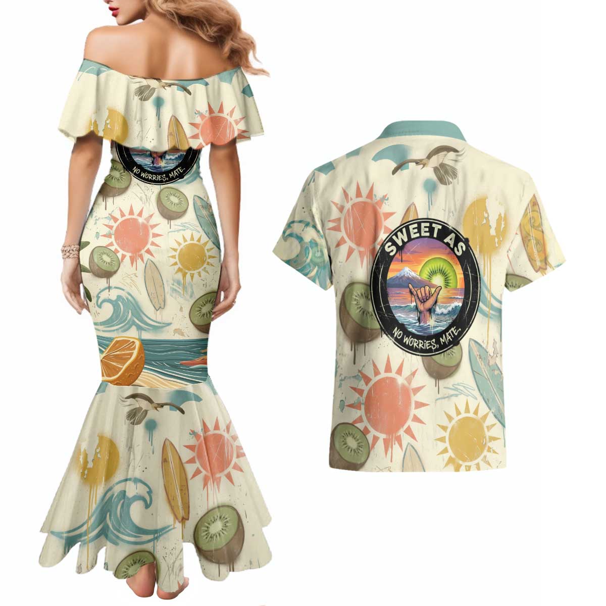 NZ Slang Sweet As Kiwi Shaka Sign Couples Matching Mermaid Dress and Hawaiian Shirt New Zealand Surfboards Sun and Tropical Beach Retro TS04 - Polynesian Pride