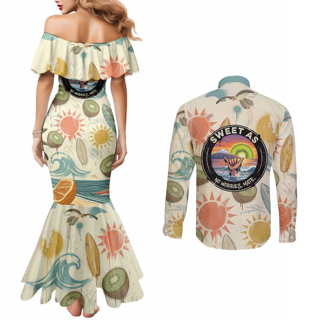 NZ Slang Sweet As Kiwi Shaka Sign Couples Matching Mermaid Dress and Long Sleeve Button Shirt New Zealand Surfboards Sun and Tropical Beach Retro TS04 - Polynesian Pride
