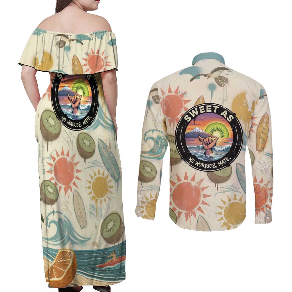 NZ Slang Sweet As Kiwi Shaka Sign Couples Matching Off Shoulder Maxi Dress and Long Sleeve Button Shirt New Zealand Surfboards Sun and Tropical Beach Retro TS04 - Polynesian Pride