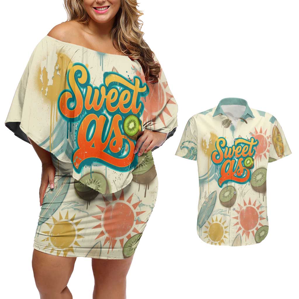 NZ Slang Sweet As Kiwi Shaka Sign Couples Matching Off Shoulder Short Dress and Hawaiian Shirt New Zealand Surfboards Sun and Tropical Beach Retro