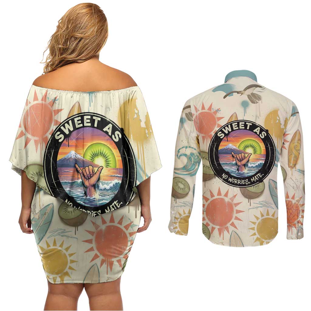 NZ Slang Sweet As Kiwi Shaka Sign Couples Matching Off Shoulder Short Dress and Long Sleeve Button Shirt New Zealand Surfboards Sun and Tropical Beach Retro TS04 - Polynesian Pride
