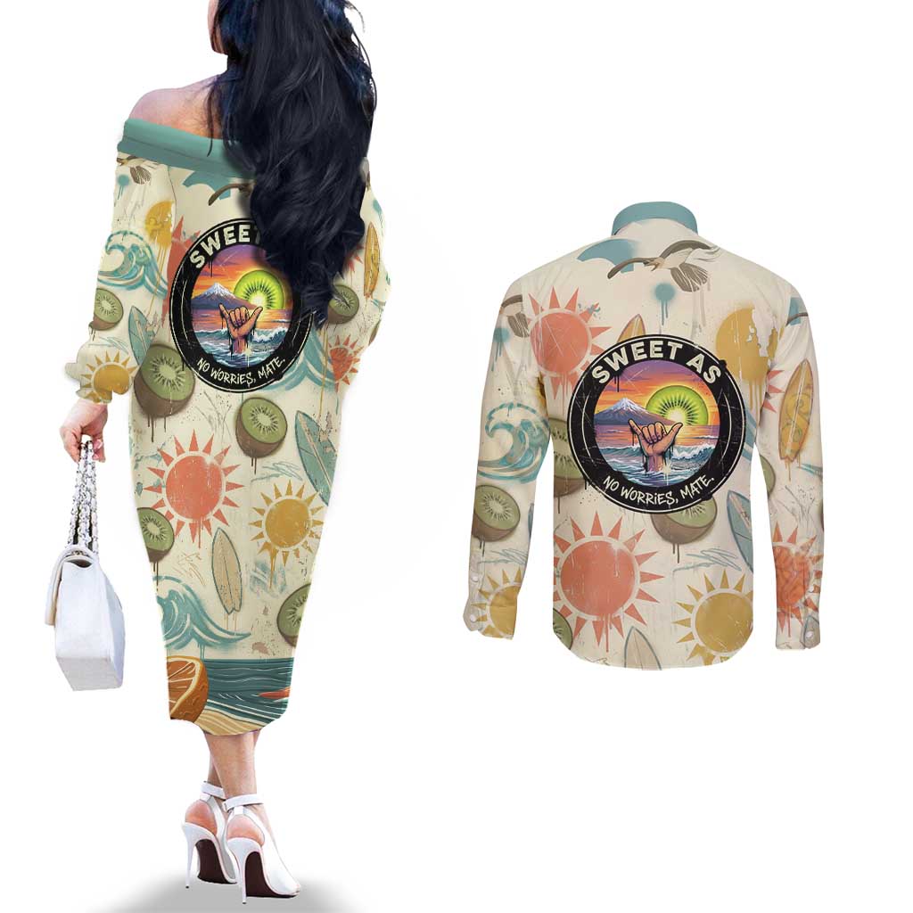NZ Slang Sweet As Kiwi Shaka Sign Couples Matching Off The Shoulder Long Sleeve Dress and Long Sleeve Button Shirt New Zealand Surfboards Sun and Tropical Beach Retro TS04 - Polynesian Pride