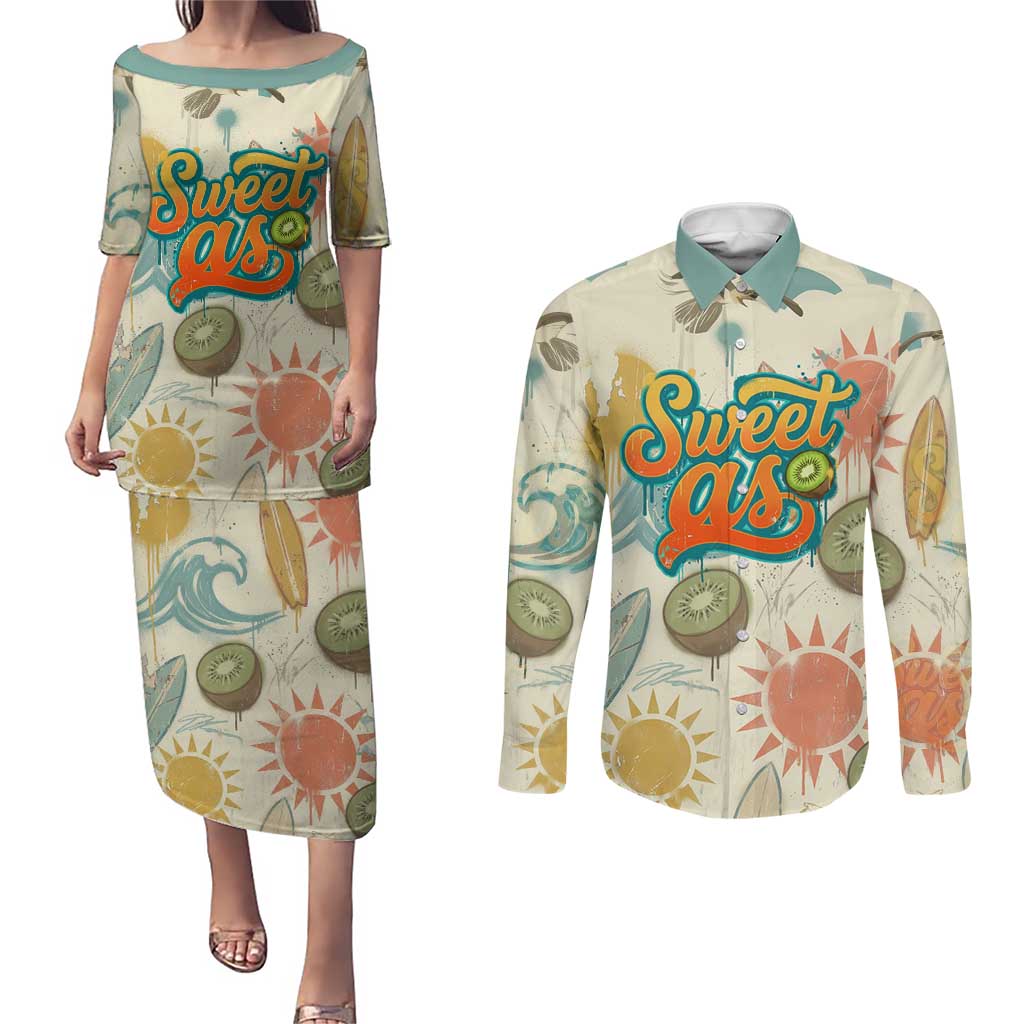 NZ Slang Sweet As Kiwi Shaka Sign Couples Matching Puletasi and Long Sleeve Button Shirt New Zealand Surfboards Sun and Tropical Beach Retro TS04 Beige - Polynesian Pride