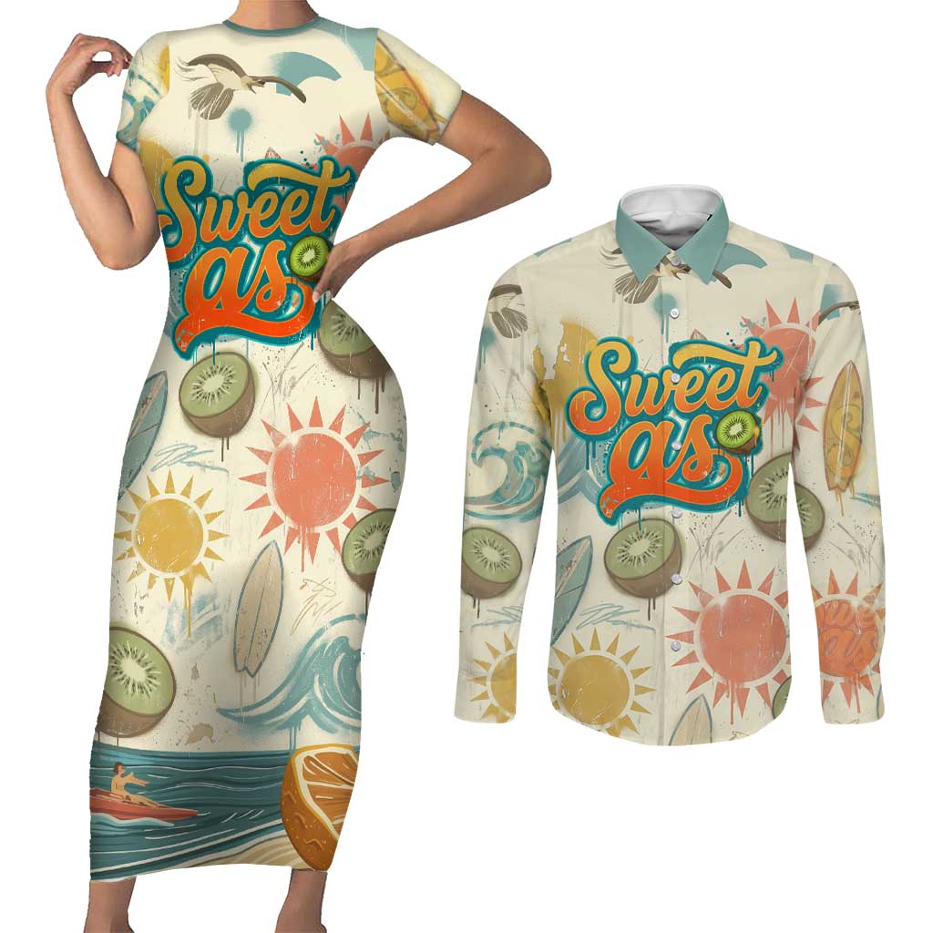 NZ Slang Sweet As Kiwi Shaka Sign Couples Matching Short Sleeve Bodycon Dress and Long Sleeve Button Shirt New Zealand Surfboards Sun and Tropical Beach Retro TS04 Beige - Polynesian Pride