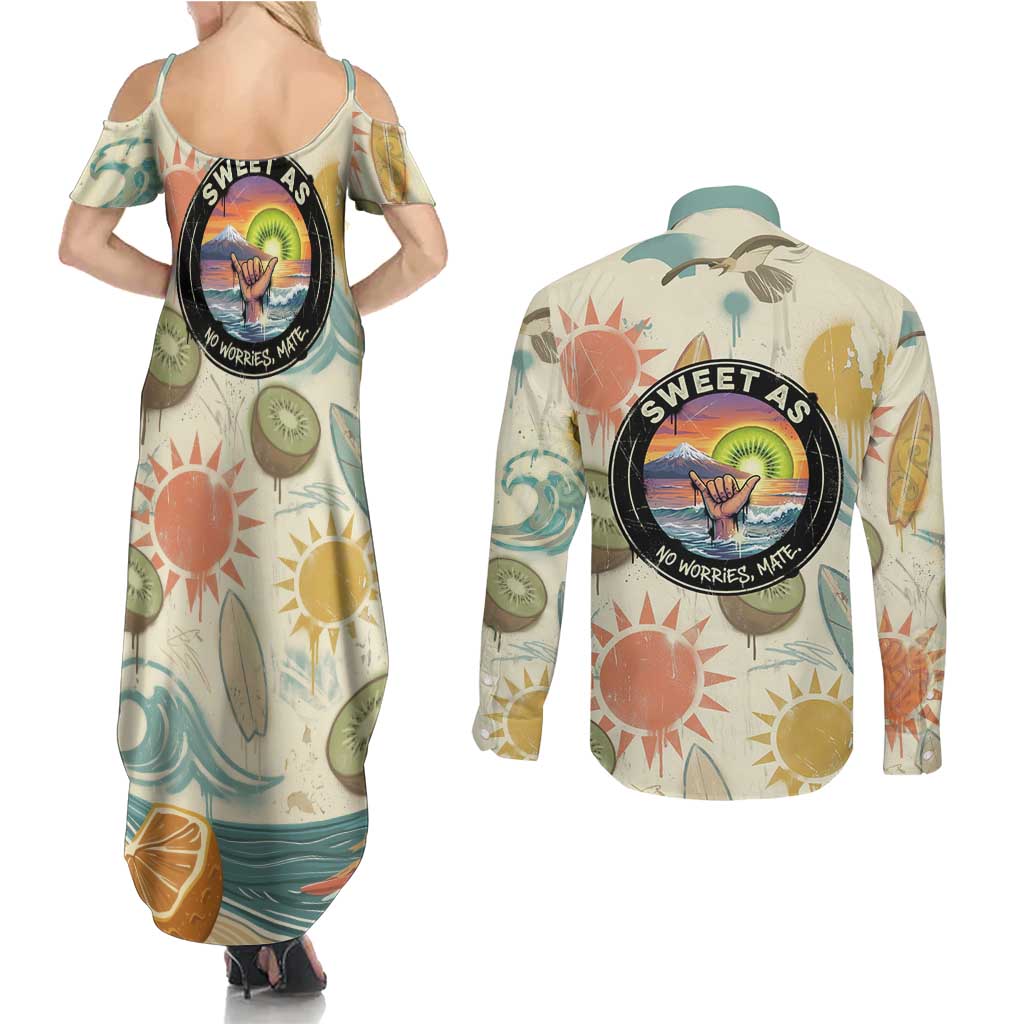 NZ Slang Sweet As Kiwi Shaka Sign Couples Matching Summer Maxi Dress and Long Sleeve Button Shirt New Zealand Surfboards Sun and Tropical Beach Retro TS04 - Polynesian Pride