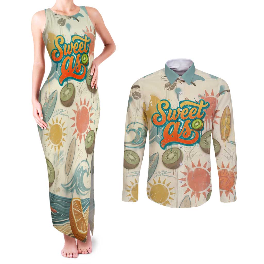 NZ Slang Sweet As Kiwi Shaka Sign Couples Matching Tank Maxi Dress and Long Sleeve Button Shirt New Zealand Surfboards Sun and Tropical Beach Retro TS04 Beige - Polynesian Pride