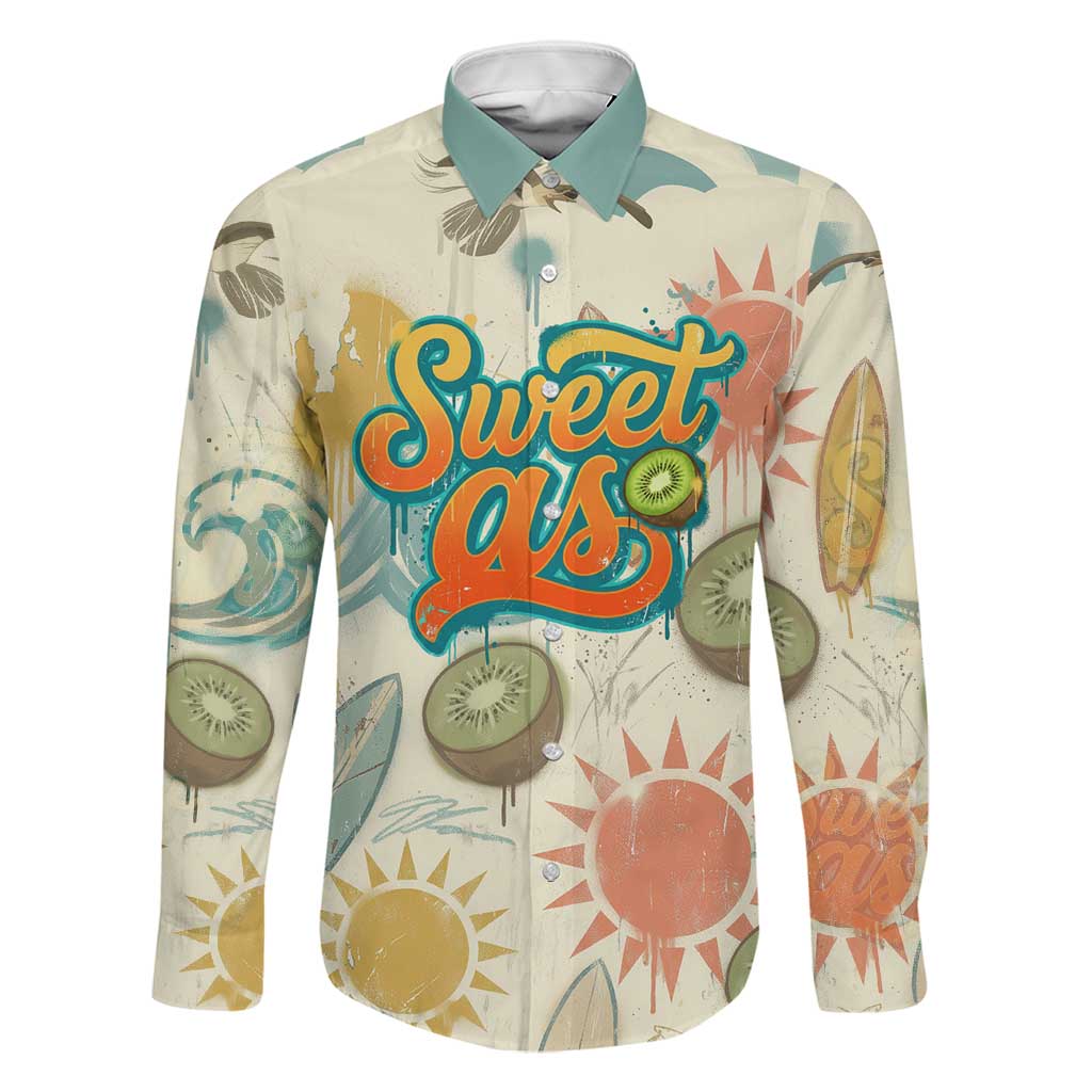 NZ Slang Sweet As Kiwi Shaka Sign Family Matching Off The Shoulder Long Sleeve Dress and Hawaiian Shirt New Zealand Surfboards Sun and Tropical Beach Retro TS04 Dad's Shirt - Long Sleeve Beige - Polynesian Pride